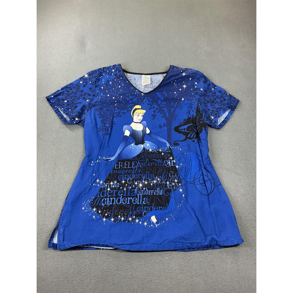 Disney Cinderella Scrub Top Womens Medium Blue V-Neck Cotton Graphic Sparkle